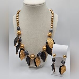 VINTAGE Brass Gold & Black Layered Leaves Beaded Statement Necklace Earrings Set